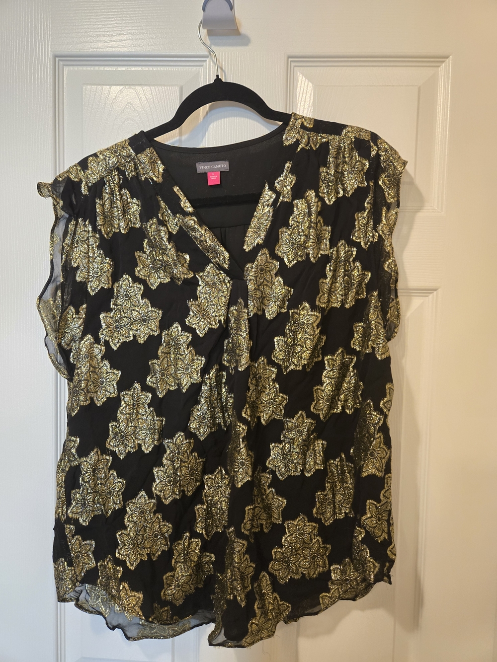Vince Camuto Black Blouse with Gold Floral Metallic Print